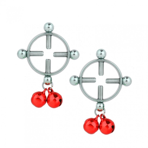 Kruhové svorky na bradavky z ocele, červené guličkové zvončeky
