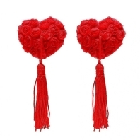 Nálepky na bradavky so strapcom, červené čipkované srdcia s ružami