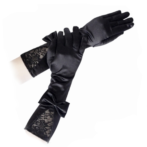 Dámske čierne čipkované a saténové rukavice, pred lakeť, mašľa