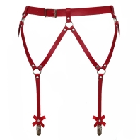 Červený podväzkový kožený pás, klipsy a mašličky
