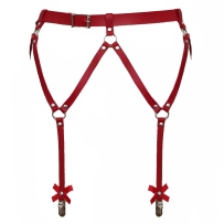 Červený podväzkový kožený pás, klipsy a mašličky