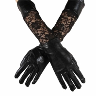 Dámske čierne čipkované a kožené rukavice, dlhé 45 cm