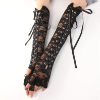 Dámske viazané čierne čipkované rukavice, pred lakeť, bez prstov
