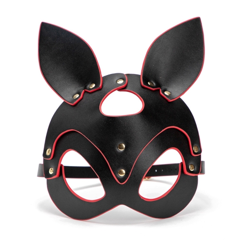 Čierna kožená maska mačka - červený lem, cvoky a opasok