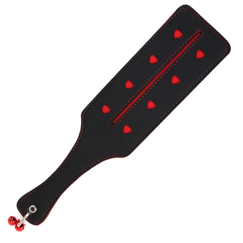 BDSM kožená obdĺžniková plácačka, čierno-červená farba, zvončeky